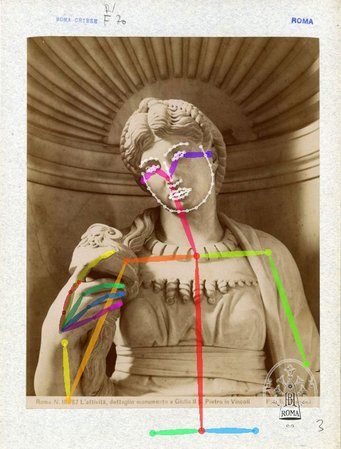 Marble statue adorned with detailed carvings and colorful lines for analysis.