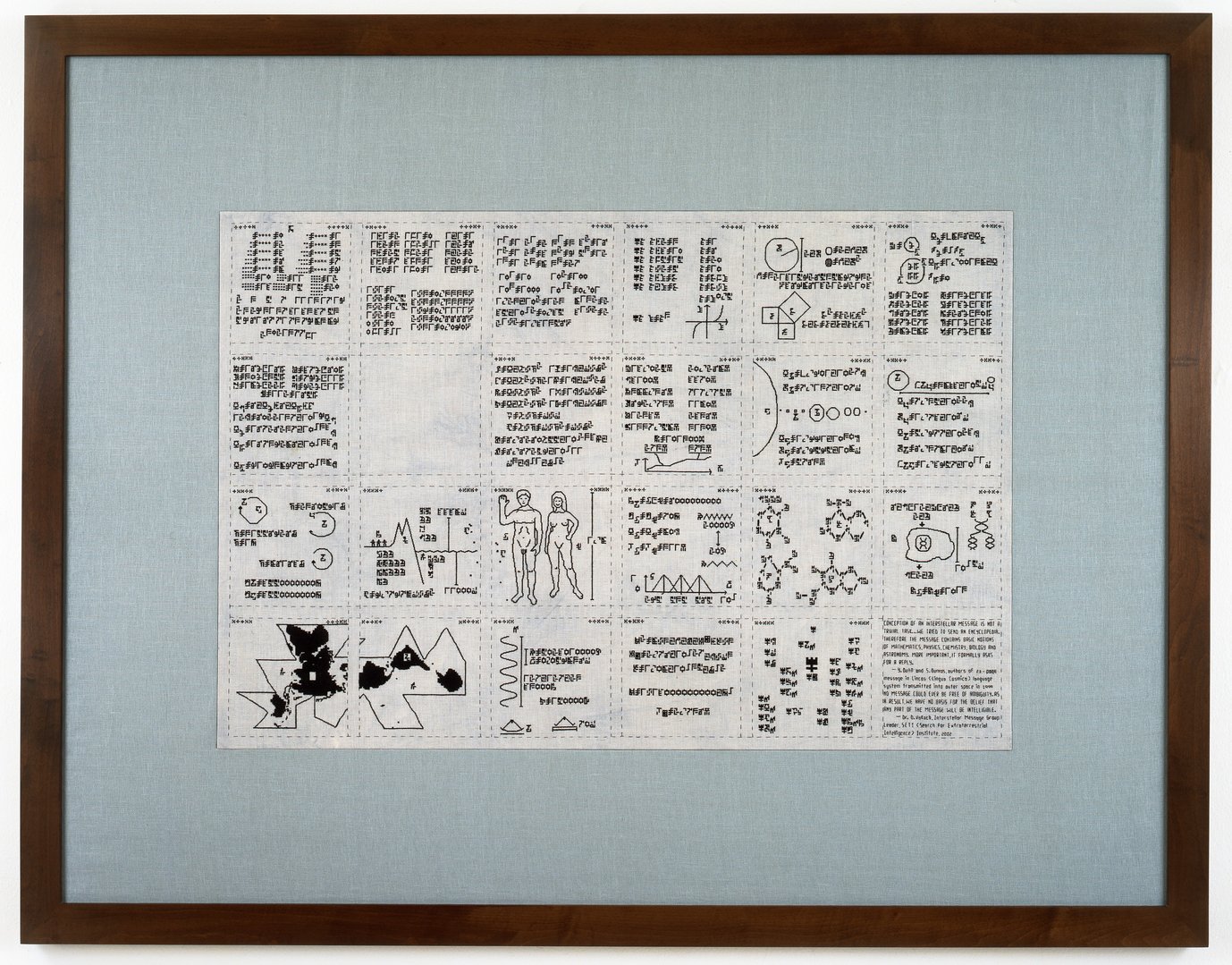 Elaine Reichek, SETI, 2004, hand embroidery on linen, 101,6 x 144,8 cm (40 x 57 in.)