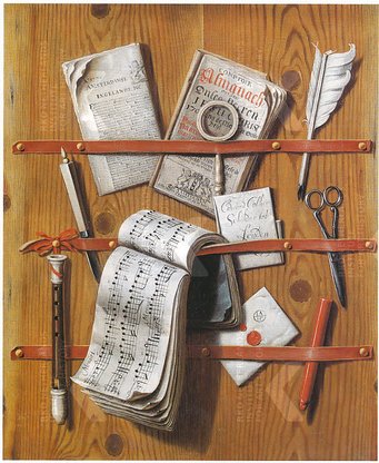 Edwaert Collier, Trompe l’oeil letter rack with fluit (c. 1704). Oil painting on canvas. Staatliches Museum Schwerin Books, sheet music, scissors, feather pen, and recorder secured on a wooden board with leather straps.