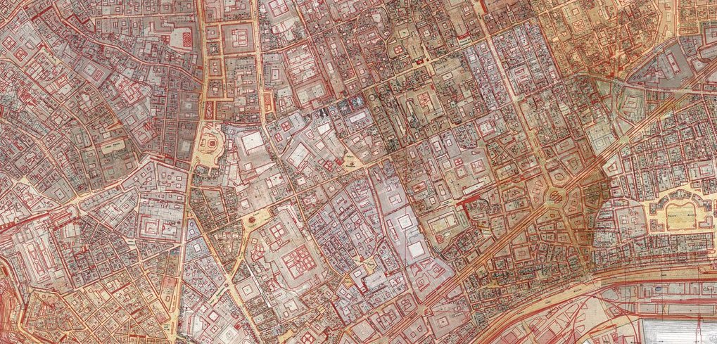 Sovrapposizione: Catasto Storico d'Impianto (1895–1905), Pianta di Napoli di Federico Schiavoni (1872–1880), Mappa Topografica della città di Napoli e de' suoi contorni di Giovanni Carafa Duca di Noja (1750–1775) e Db Topografico (1992) (dettaglio)