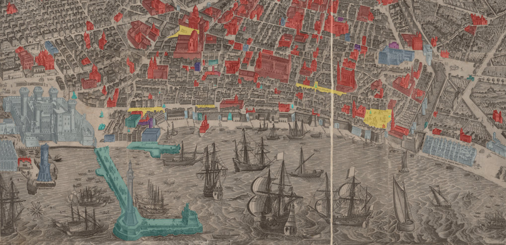 Alessandro Baratta, Fidelissimae urbis Neapolitanae cum onmibus viis accurata et nova delineatio, Neapel 1670, digital annotierter Plan, DOI: https://doi.org/10.48431/maps.napoli.baratta (Detail)