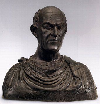 Adriano Fiorentino, Bust of Giovanni Pontano, 1488–1494, bronze, Genoa, Museo di Sant'Agostino©Web Gallery of Art Bronze bust with Roman-style drapery and engraved text.