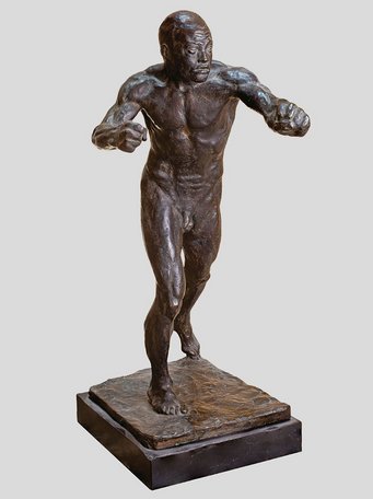 Gaetano Orsolini, Pugilatore etiope, 1920, bronze, Ascoli Piceno, Pinacoteca Civica Bronze sculpture of a muscular male figure in dynamic pose.