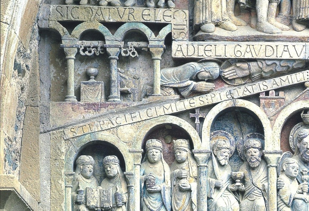 Detail of the Last Judgment tympanum above the western entrance of the abbey church of Conques, around 1100, Conques-en-Rouergue