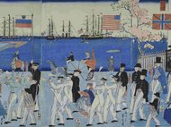 Asiatisches Farbholzschnitttriptychon mit vielen Personen.